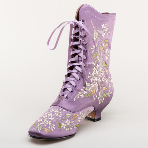 Lavender-Embroidered White Satin  Boots