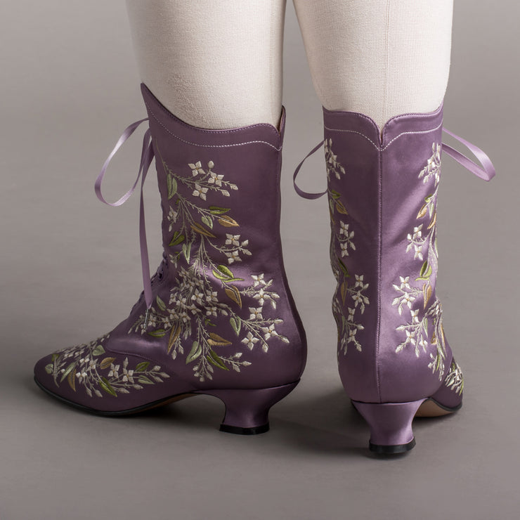Lavender-Embroidered White Satin  Boots