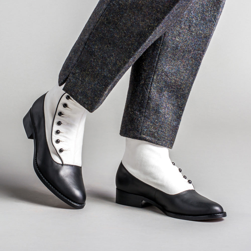 Handmade Men's Black White Leather Denim Cap Toe Button Boots, Men Ank –  theleathersouq