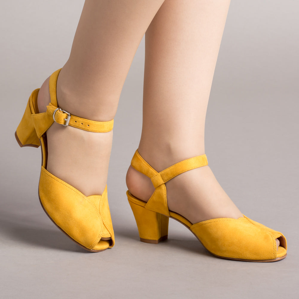 Wedding shoes, Velvet Block Heels Sandals mustard - Veloudenia