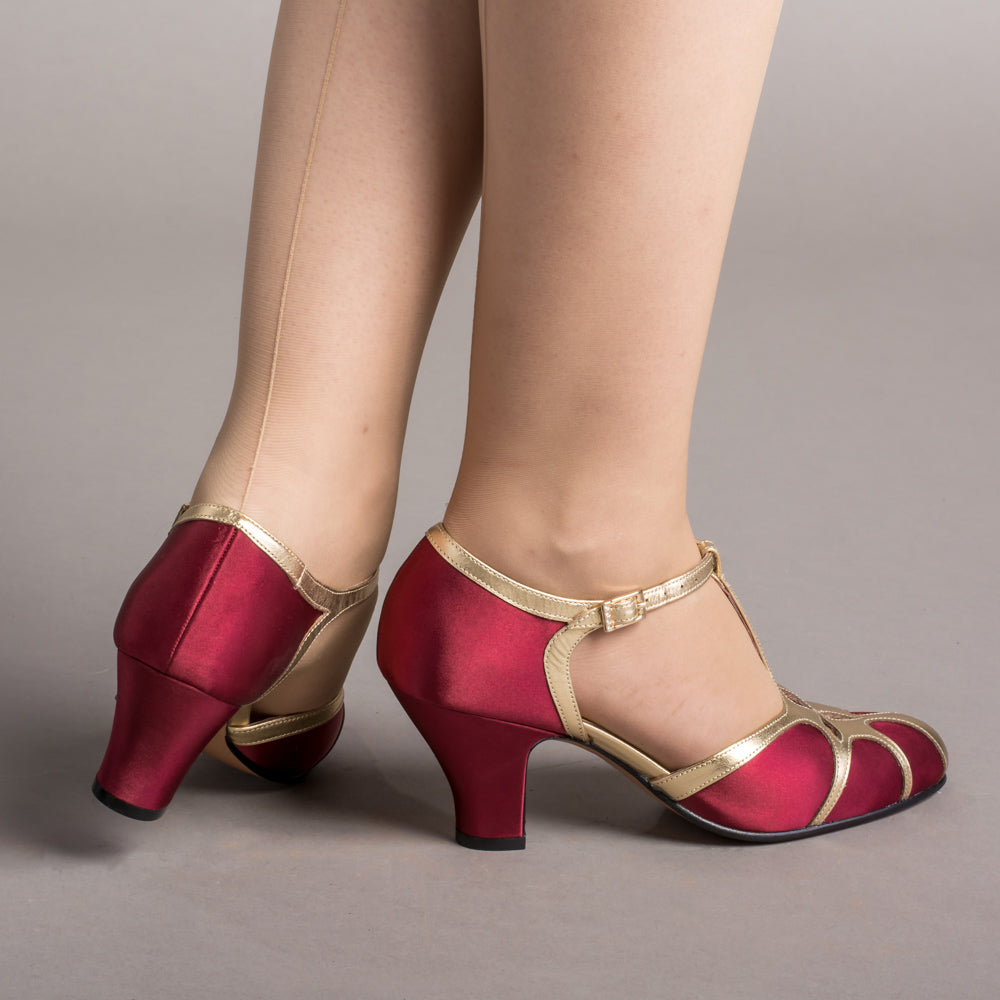 Lilith Women's Vintage Flapper T-Straps (Burgundy/Gold) | Historically Accurate Footwear by American Duchess