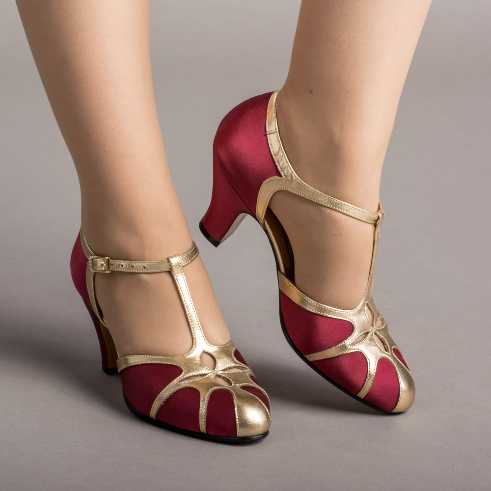 Lilith Women's Vintage Flapper T-Straps (Burgundy/Gold) | Historically Accurate Footwear by American Duchess